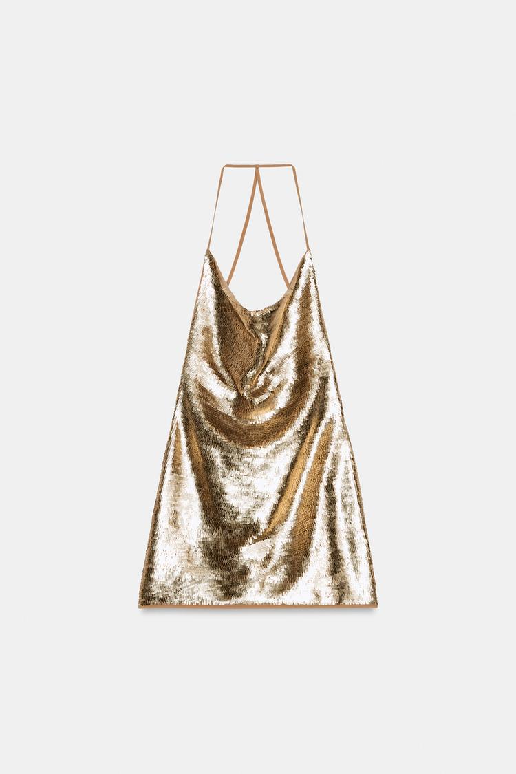 SEQUIN DRAPED HALTER MINI DRESS