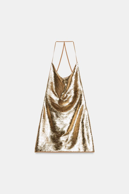 SEQUIN DRAPED HALTER MINI DRESS
